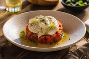 Tartare di pomodoro con stracciatella pugliese su piatto bianco, olio extravergine e foglie di basilico fresco