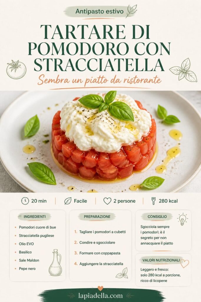 Tartare di pomodoro con stracciatella pugliese, basilico e olio extravergine su piatto bianco