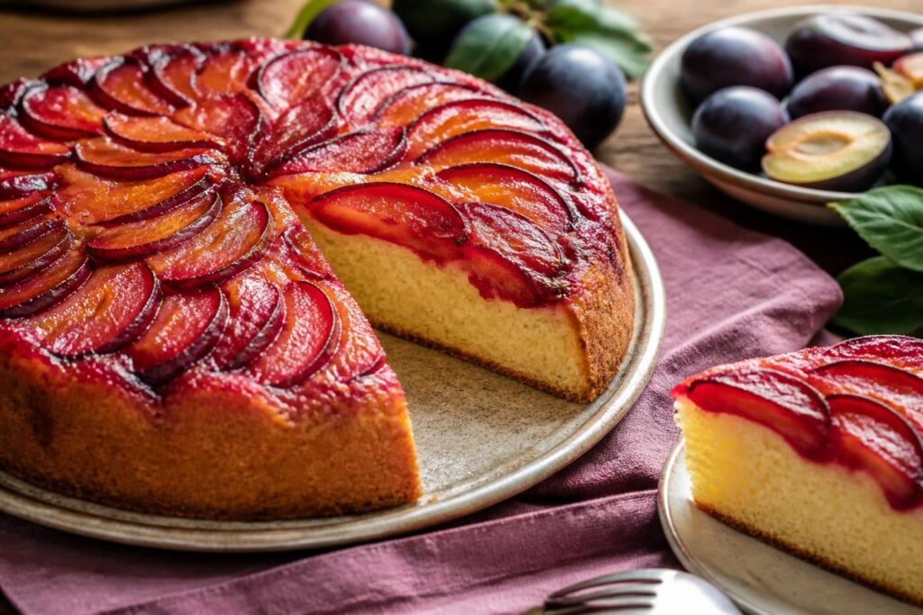 Torta rovesciata alle prugne soffice e senza burro su un piatto da portata, con prugne caramellate lucide e impasto dorato ben lievitato