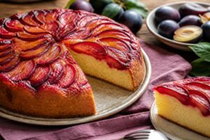 Torta rovesciata alle prugne soffice e senza burro su un piatto da portata, con prugne caramellate lucide e impasto dorato ben lievitato